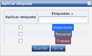 Menú de selección de etiquetas